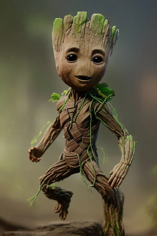 Groot toddler, full body, cyberpunk, bokeh, hyper realistic