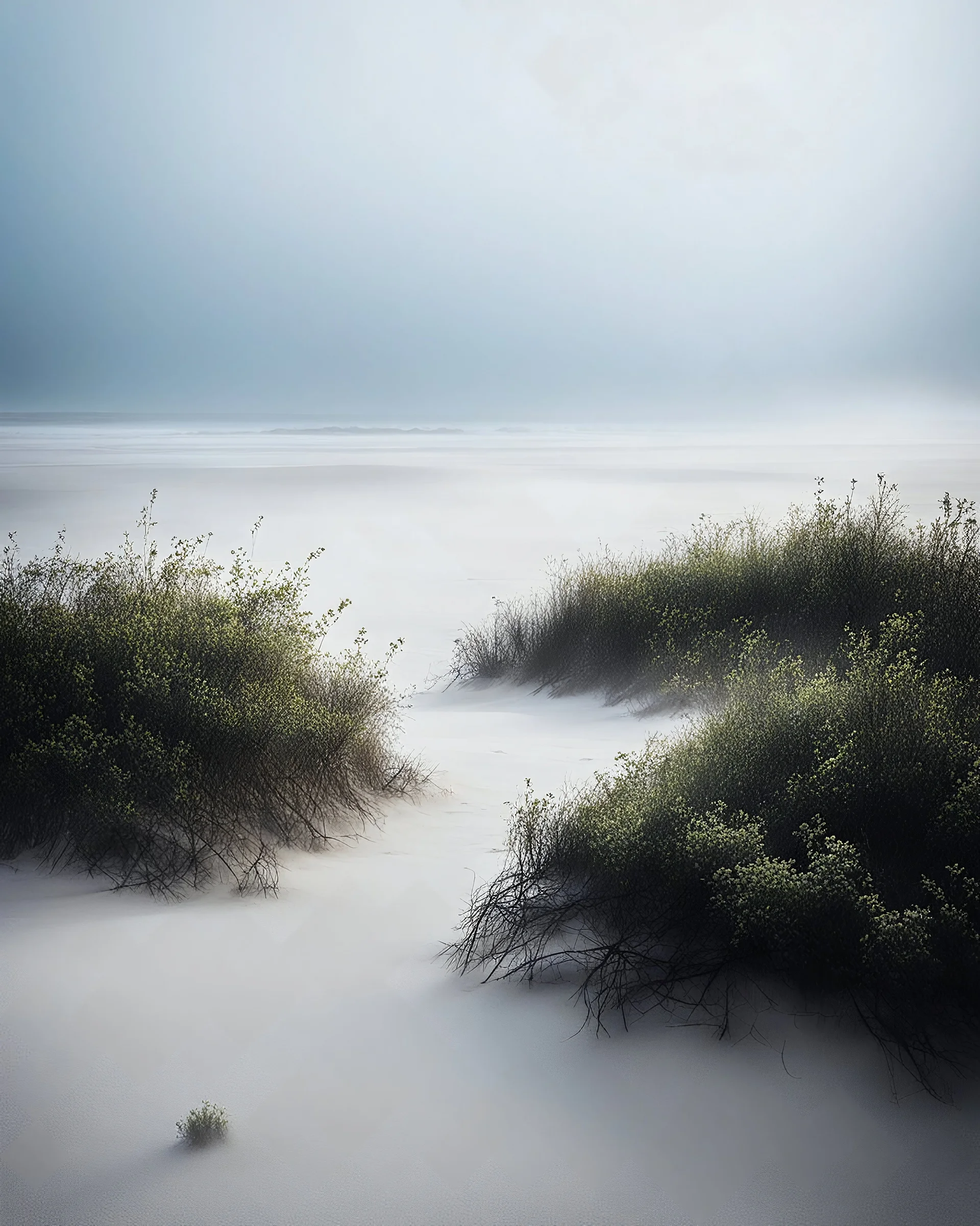 By Sergiо. Style by Greg Rudkowski. Thick white milky dense fog on a deserted beach with lonely bushes.