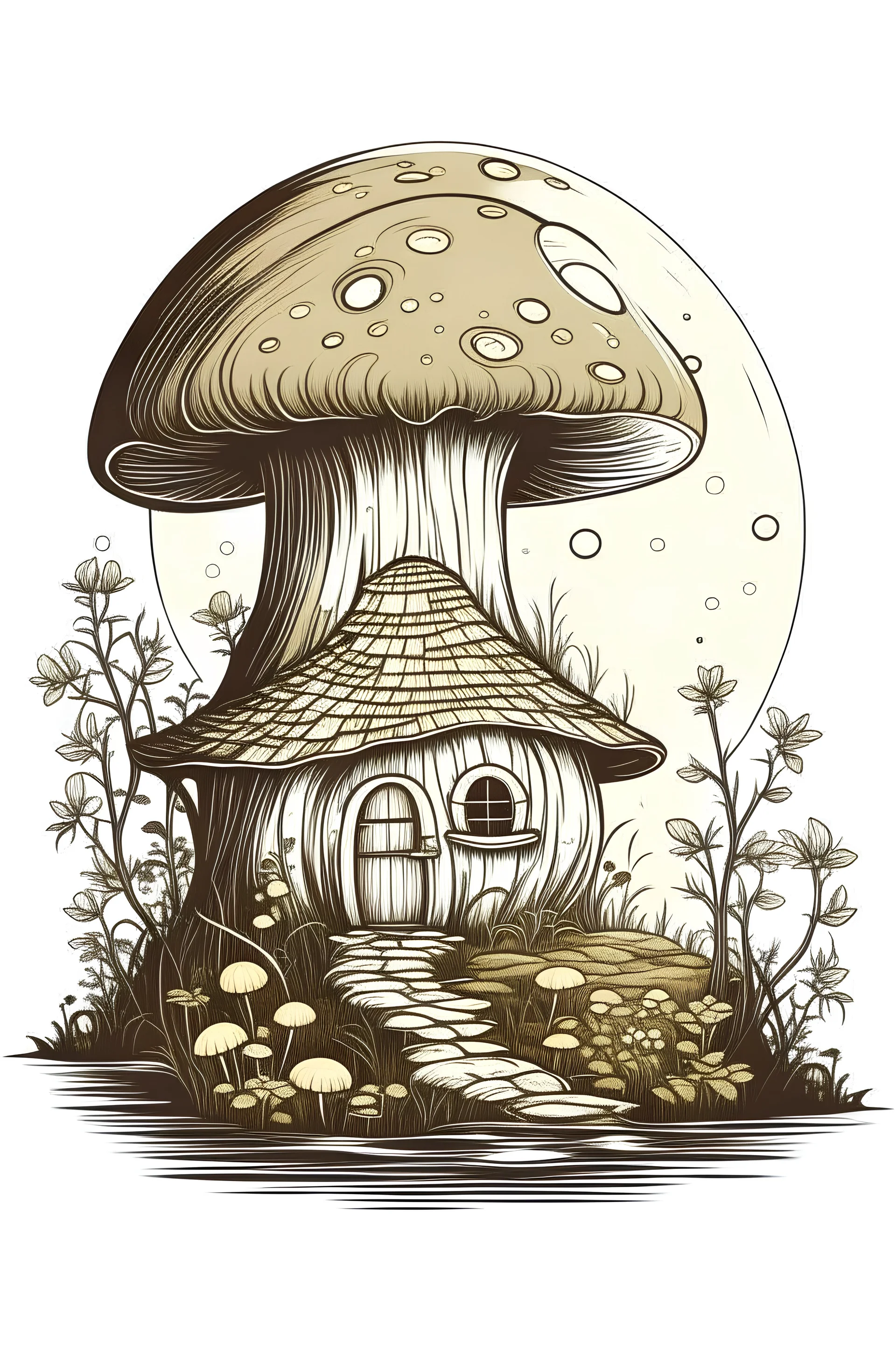 outline art, a tiny cottage nestled under a large, glowing toadstool on a moonlit night, angle full view, no cut parts, clear line art, white background, no shadows, no tones color, no detailed artwork, clear and well outlined.