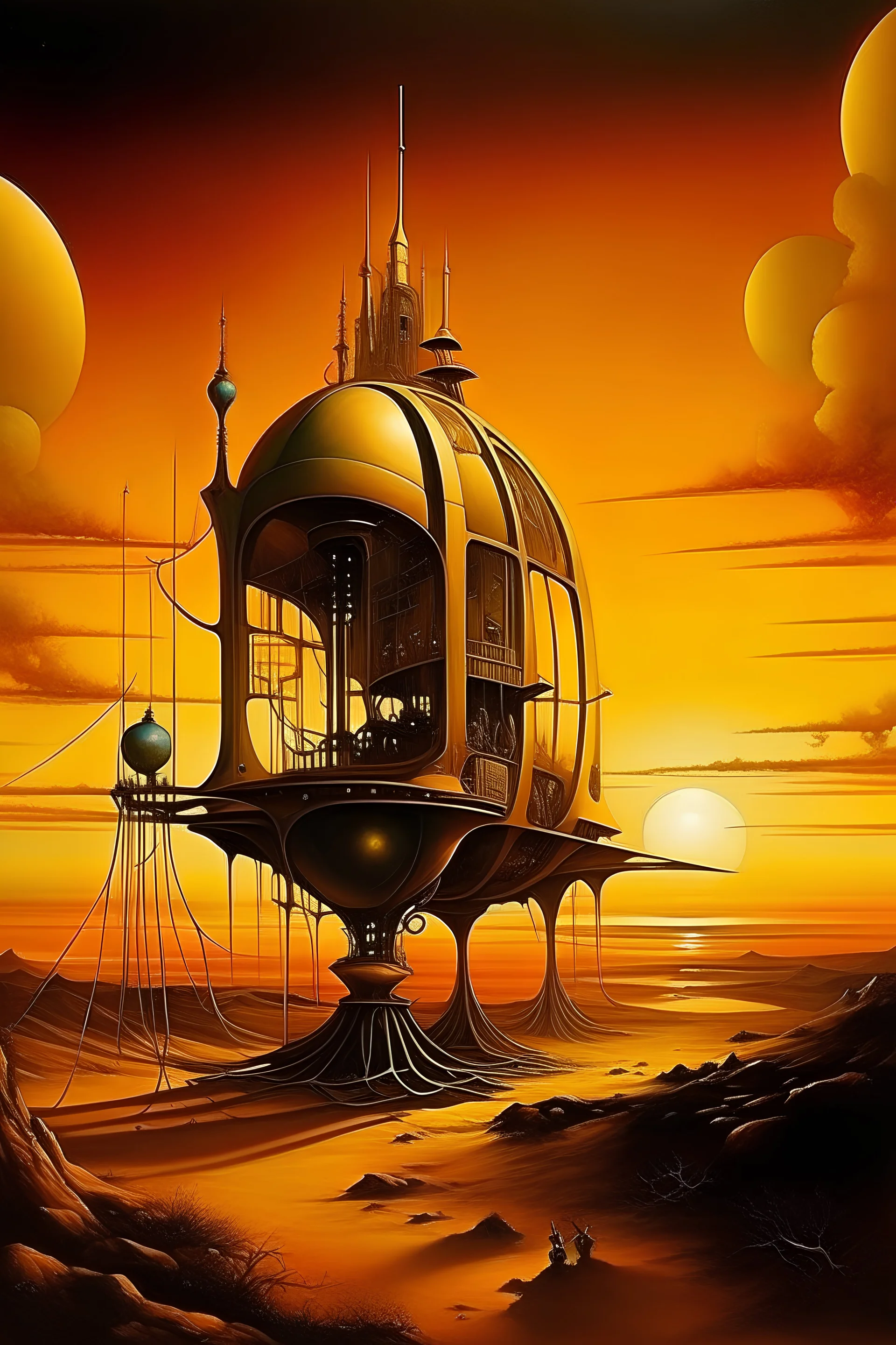 machine , space , hydraulic machine, sunrise , salvador dali style