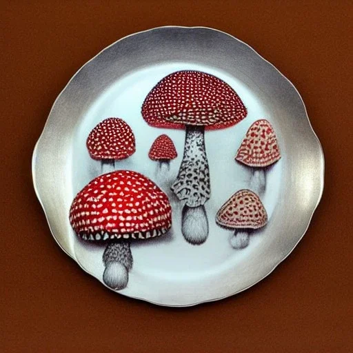 Patchwork, large Amanita muscaria mushrooms in a silver plate