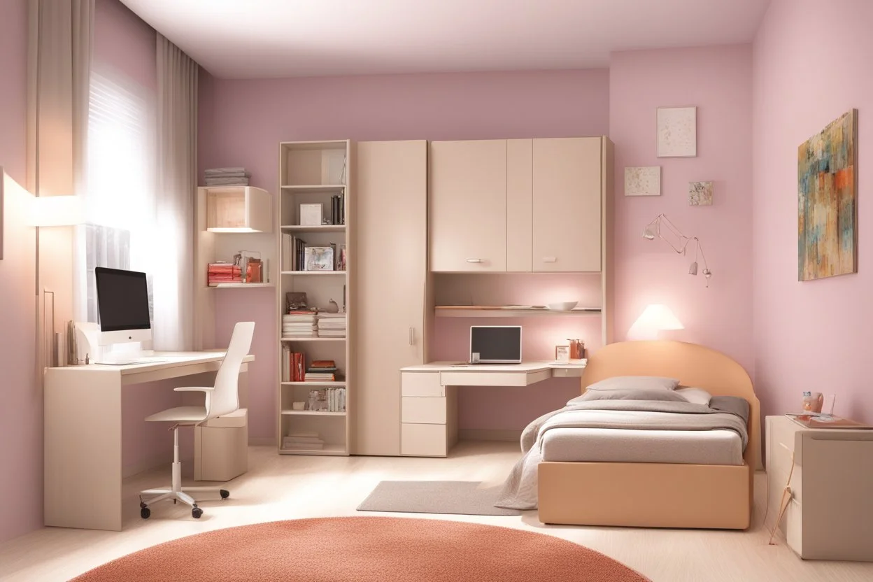 A youthful room with a PC and a bed 190 cm, 90 cm wide, and RGP side lighting model 2024