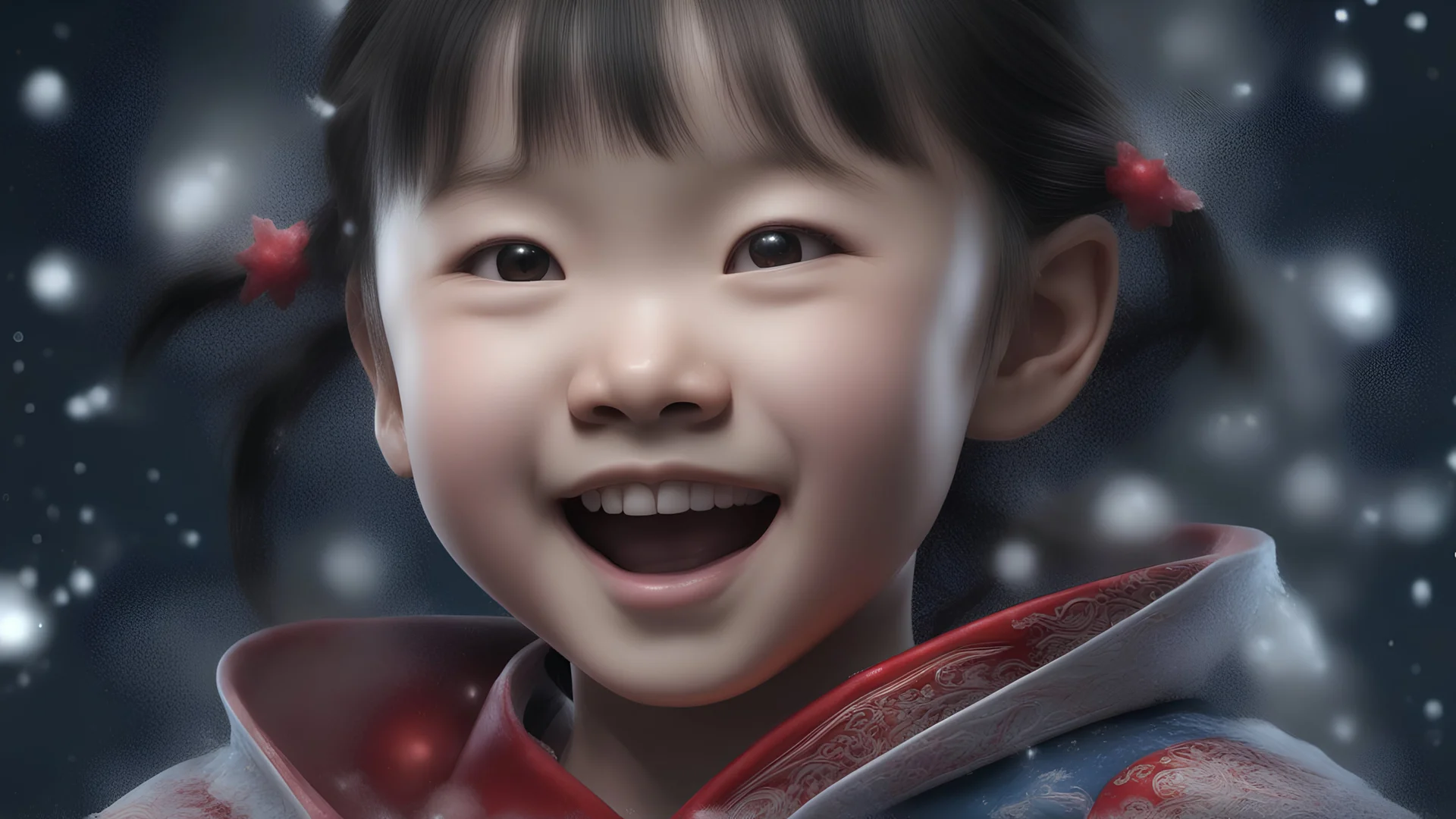 Magical Fantastic young happy Chinese female child, Liquid Structure, Flying snowflakes, excitement, Splash, Portrait Photography, Fantasy Background, Intricate Patterns, Ultra Detailed, Luminous, Radiance, Ultra Realism, Complex Details, Intricate Details, 16k, HDR, High Quality, Trending On Artstation, Sharp Focus, Studio Photo, Intricate Details, Highly Detailed