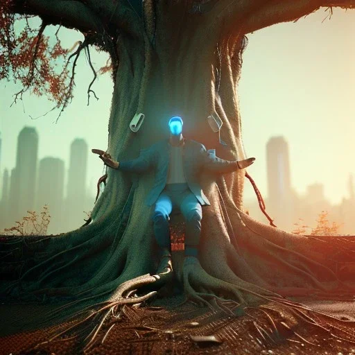 Cyberpunk theme, portrait of Oak tree roots holding man inside, misty sunny day, close-up portrait, symbios