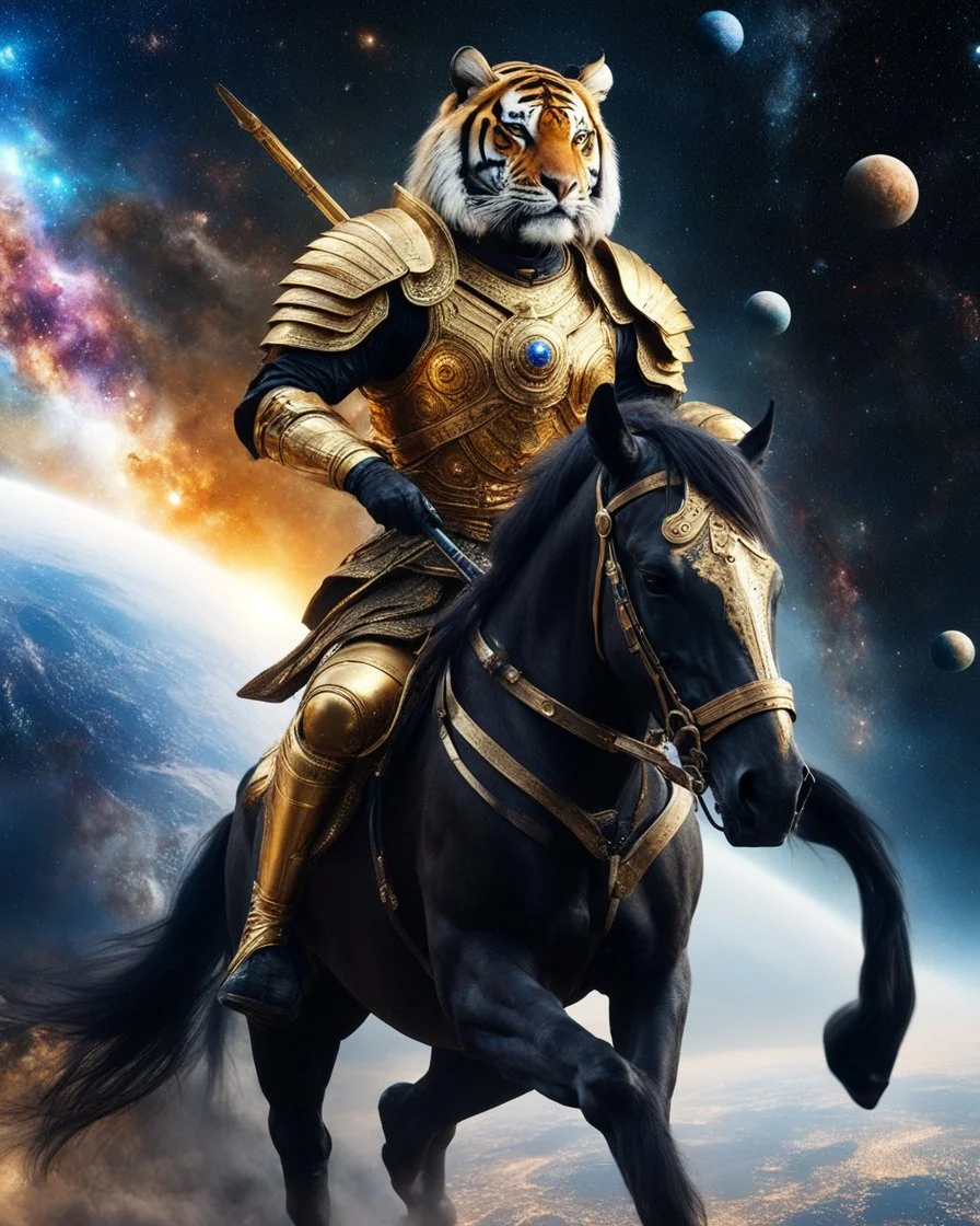 Realistic photography take photoshoot from far,front view of a humanoid warrior tiger wearing clothing armor golden ,on riding a black horse , flying in space, on galaxy surrounded by planets