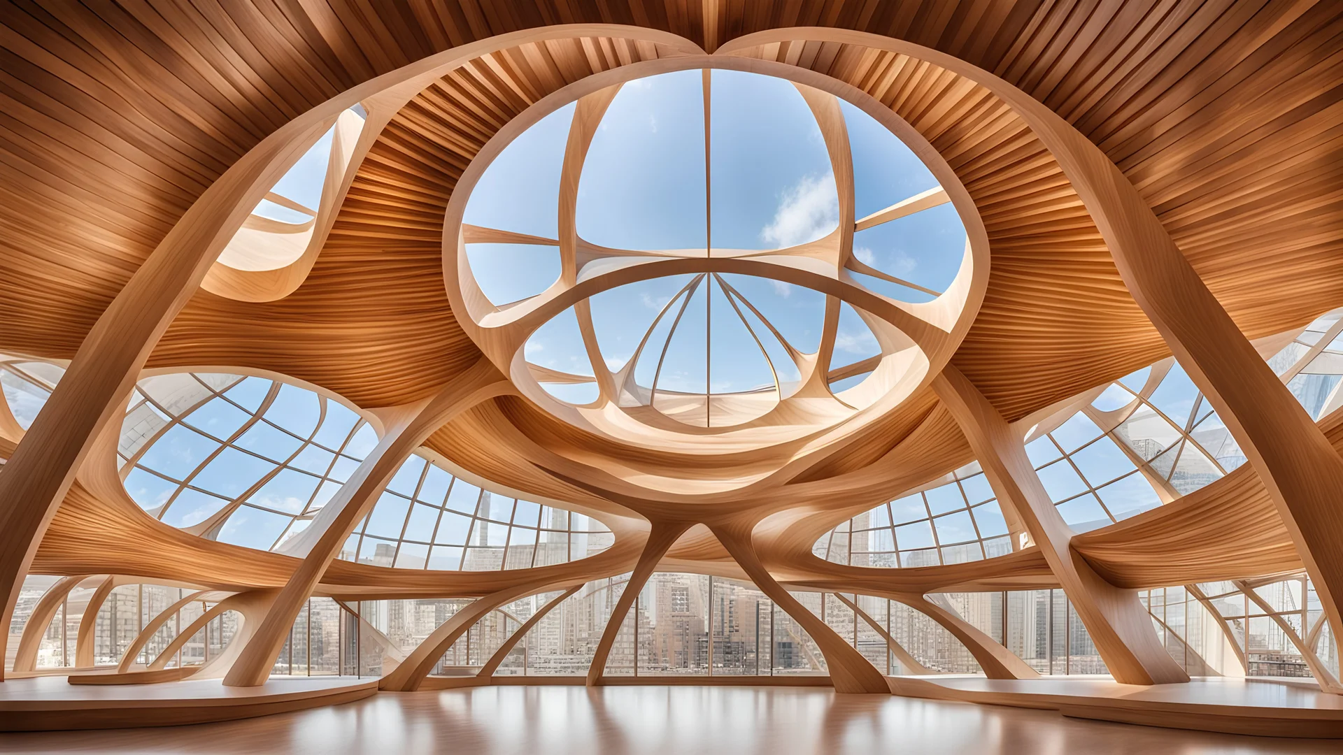 2060 Vista desde el interior de un hermoso e inspirador edificio curvo construido con elegantes y delgadas vigas de madera entrelazadas, con forma de elegantes parábolas, espirales doradas y círculos. La asombrosa arquitectura presenta grandes ventanales, excelencia estética en una zona rural por la noche, estrellas, luciérnagas, montañas distantes, lago, luz natural suave y perfecta, fotografía extremadamente detallada y premiada, hermosa composición, 16k, HDR, enfoque nítido, obra maestra.