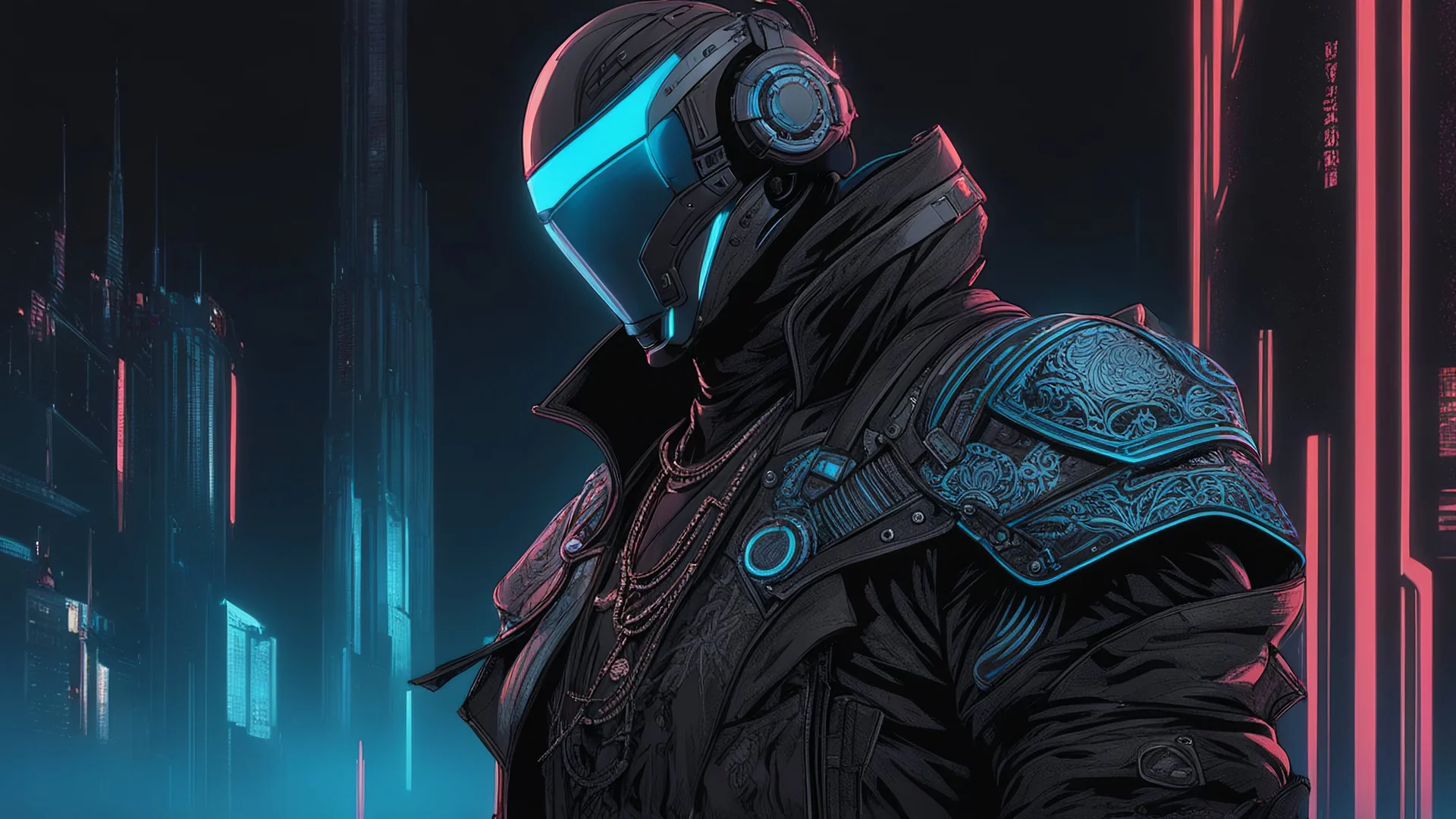 A man wears a black glass Cyberpunk helmet and Chinese clothes , black and blue color, solo leveling shadow drawing style, neon, intricate details, highly detailed, high details, detailed portrait, masterpiece,ultra detailed, ultra quality