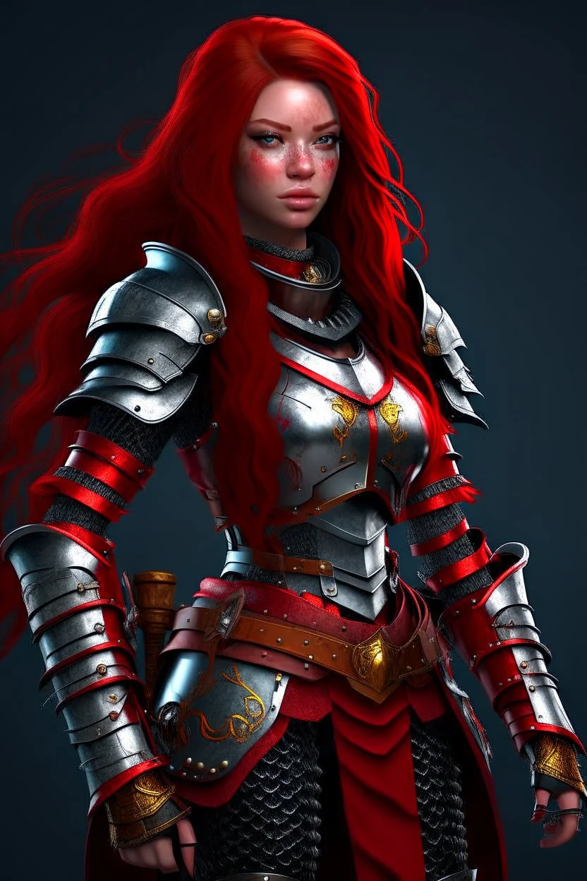 female with long red hair, wearing metal armor, whole body