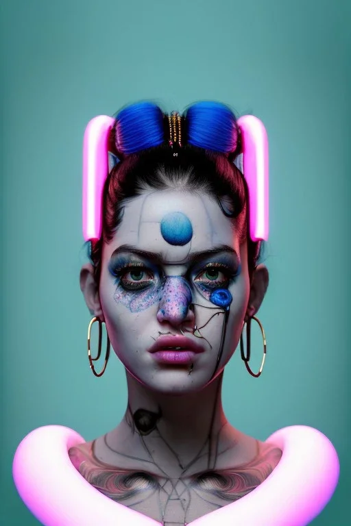 Ultra Realistic image, Rosalía artist, portrait, waist up portrait, black eye line, angry face , gold pink and blue geisha style, spray line make up, geometric, led lights, neon, rings piercing, led ornament, fog, bubble latex coat, vibrant color, highly detailed, art stations, concept art, smooth, unreal engine 5, god rays, ray tracing, RTX, lumen lighting, ultra detail, volumetric lighting, 3d, finely drawn, high definition, high resolution.