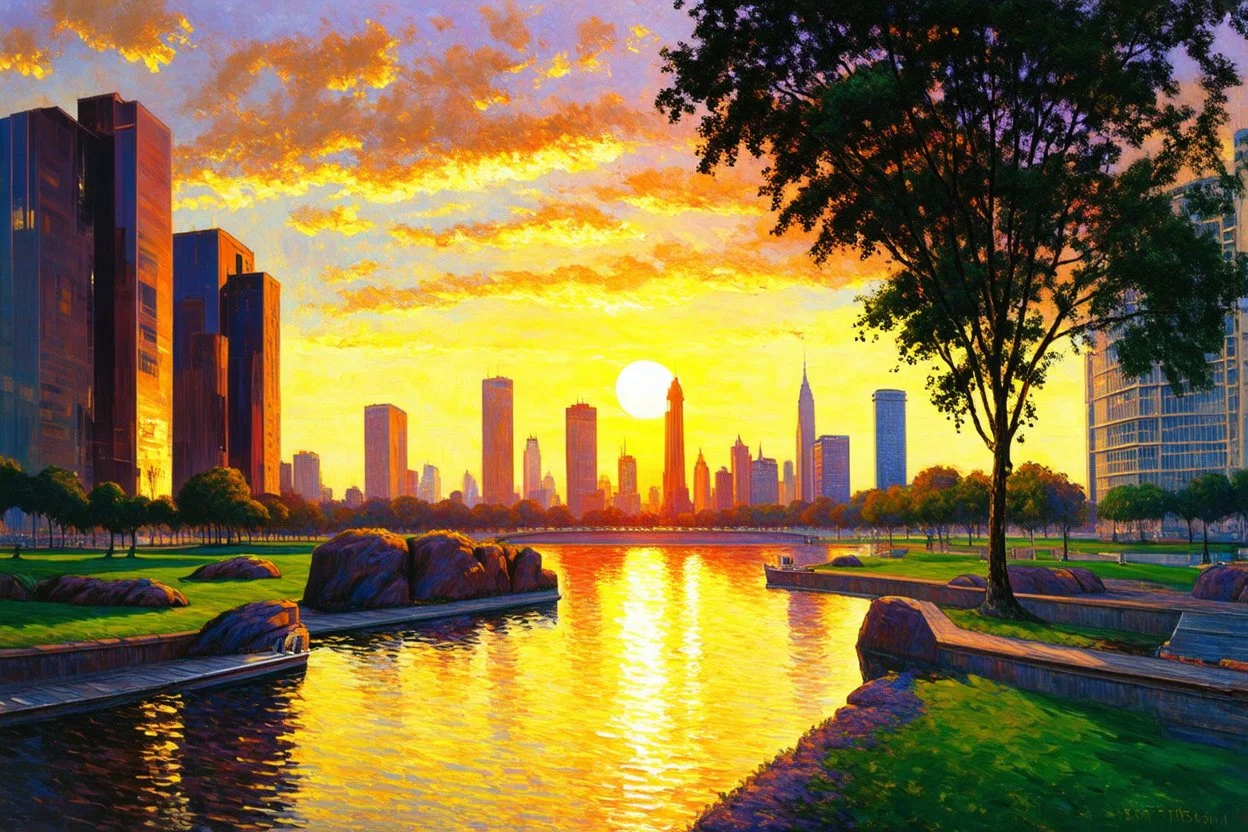 sunset, buildings, lake, rocks, city, park, trees, cyberpunk, sci-fi, claude monet impressionism paintings