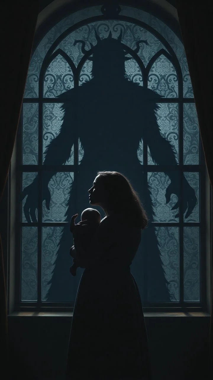 create a sad woman holding her baby protecting him from a big shadow of unknown creature standing behind a big window in the dark a woman is from the royal treasury in dark shades (brown, blue)