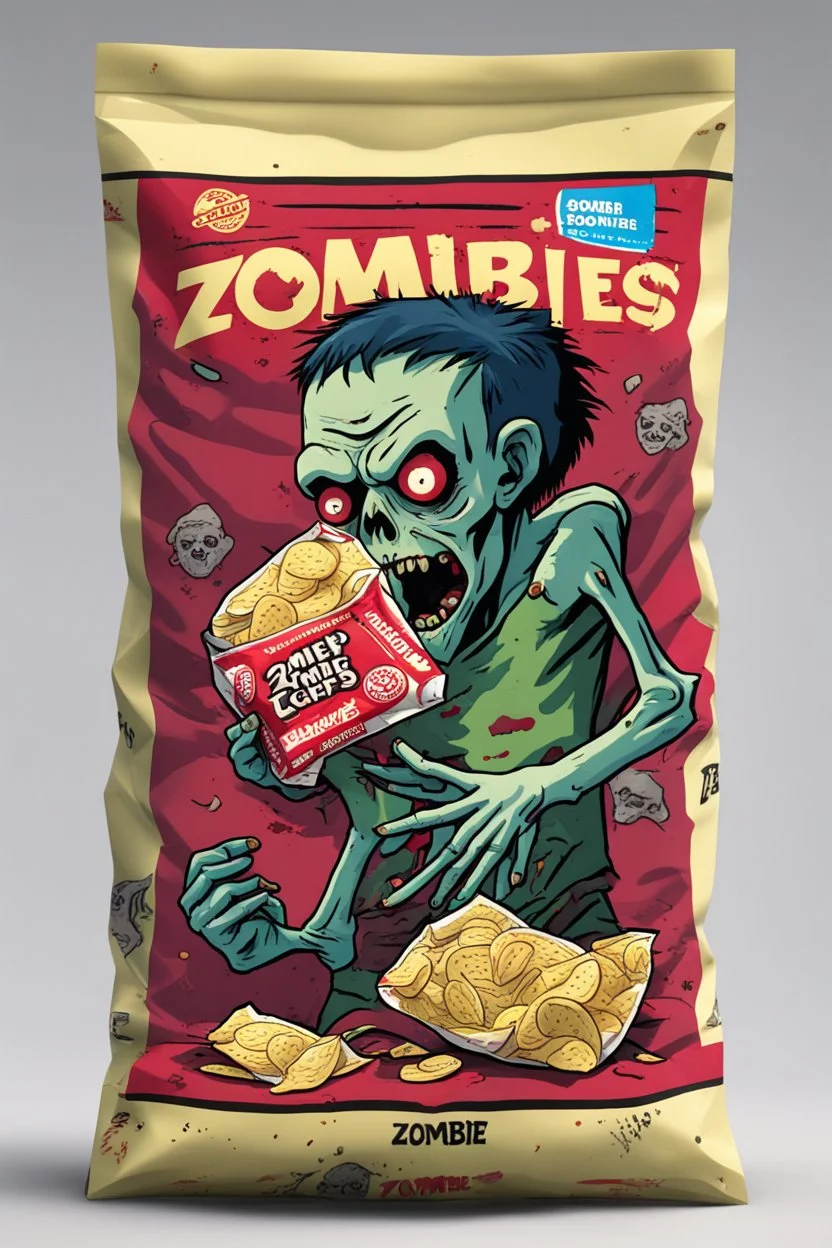 a chip bag with a zombie on it eating zombies chips