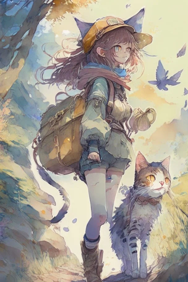 a girl and cat on a adventure, 4k, full detail, high resolution, digitalart, anime, watercolor