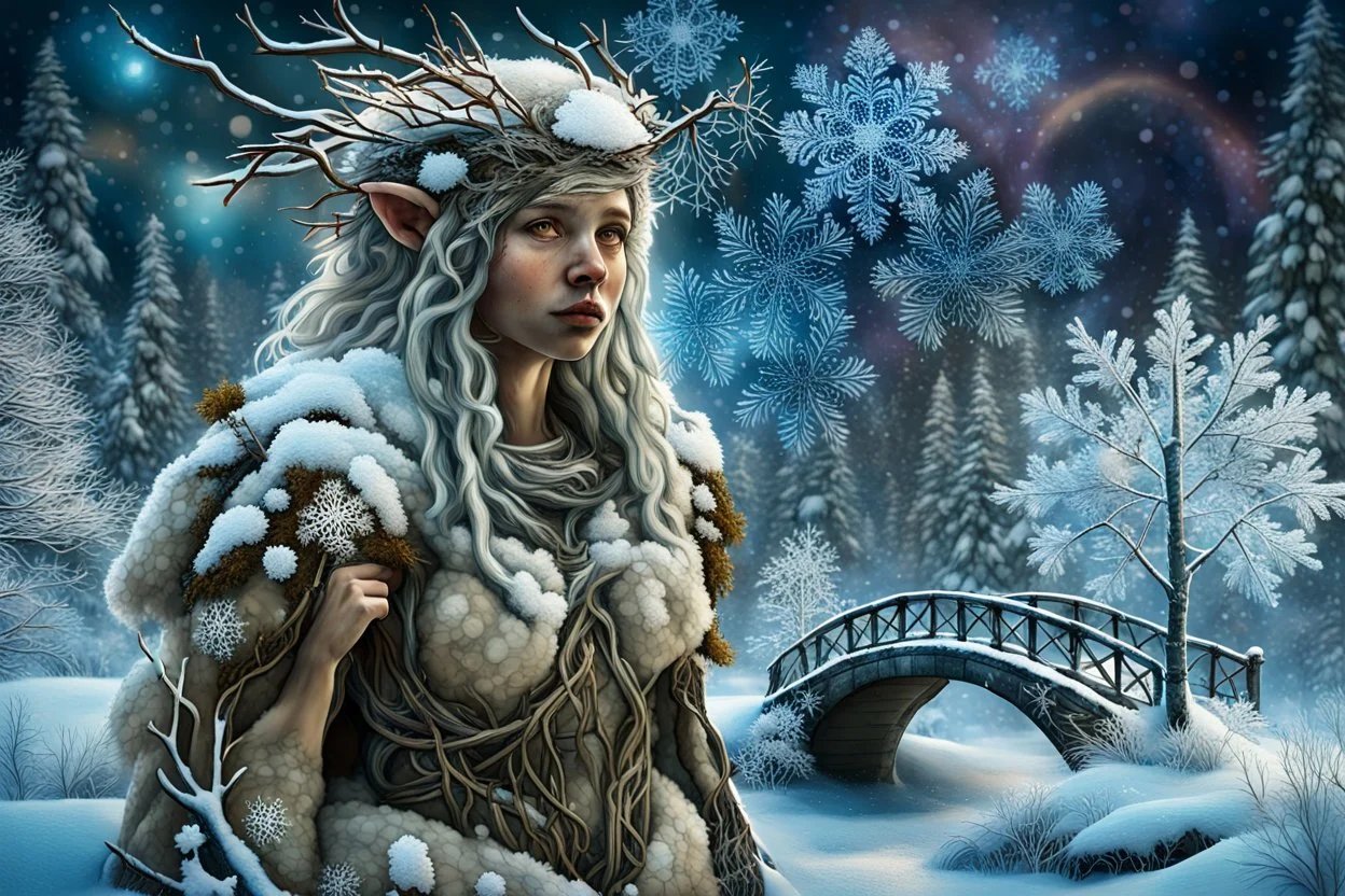 Double exposure: a kind snow troll, hair made of dry branches covered in snow, tits perched on the hair-branches, a sheepskin coat woven from dry leaves and twigs covered in snow, and a winter landscape depicting a fairytale rounded bridge, a tree made of snowflakes painted with frost, filigree kaleidoscopic patterns of frost. Highly detailed textures: a fairytale illustration, splashes of white and gold paint, rich texture, distant and deep space, dreamy watercolor and liquid filigree acrylic.