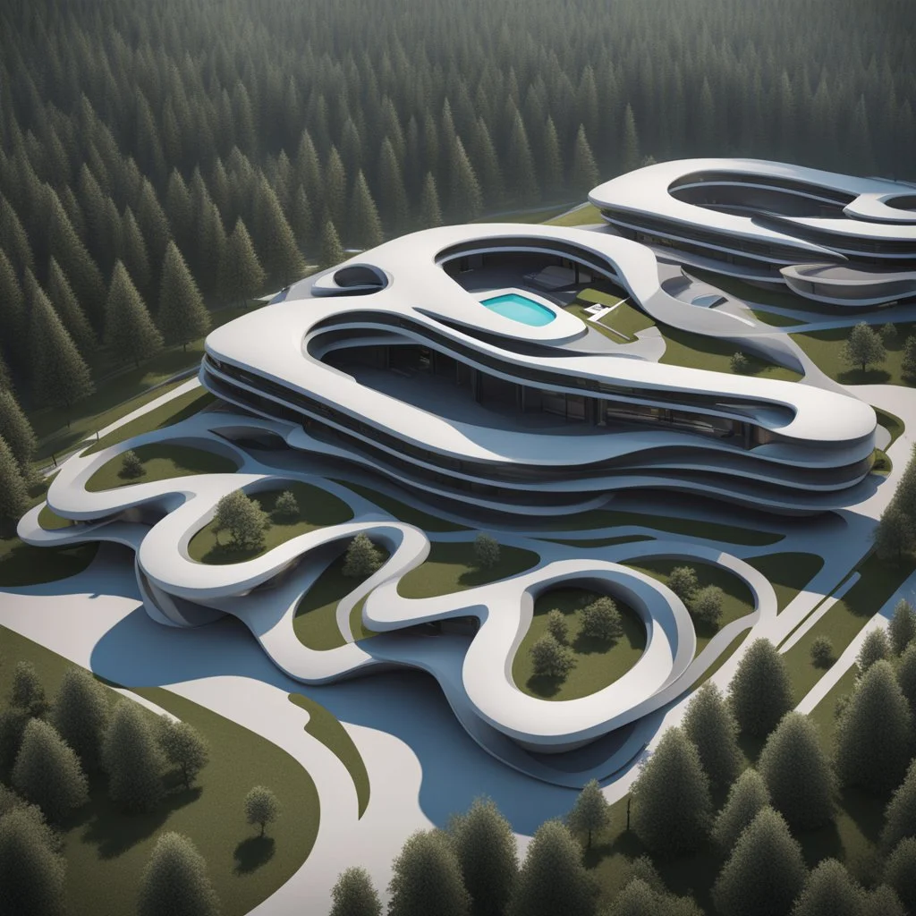 Cabin complex, Zaha Hadid style, aerial view, ultra quality, hyper-detailed, digital art, 8k 3D, trees, parking lots