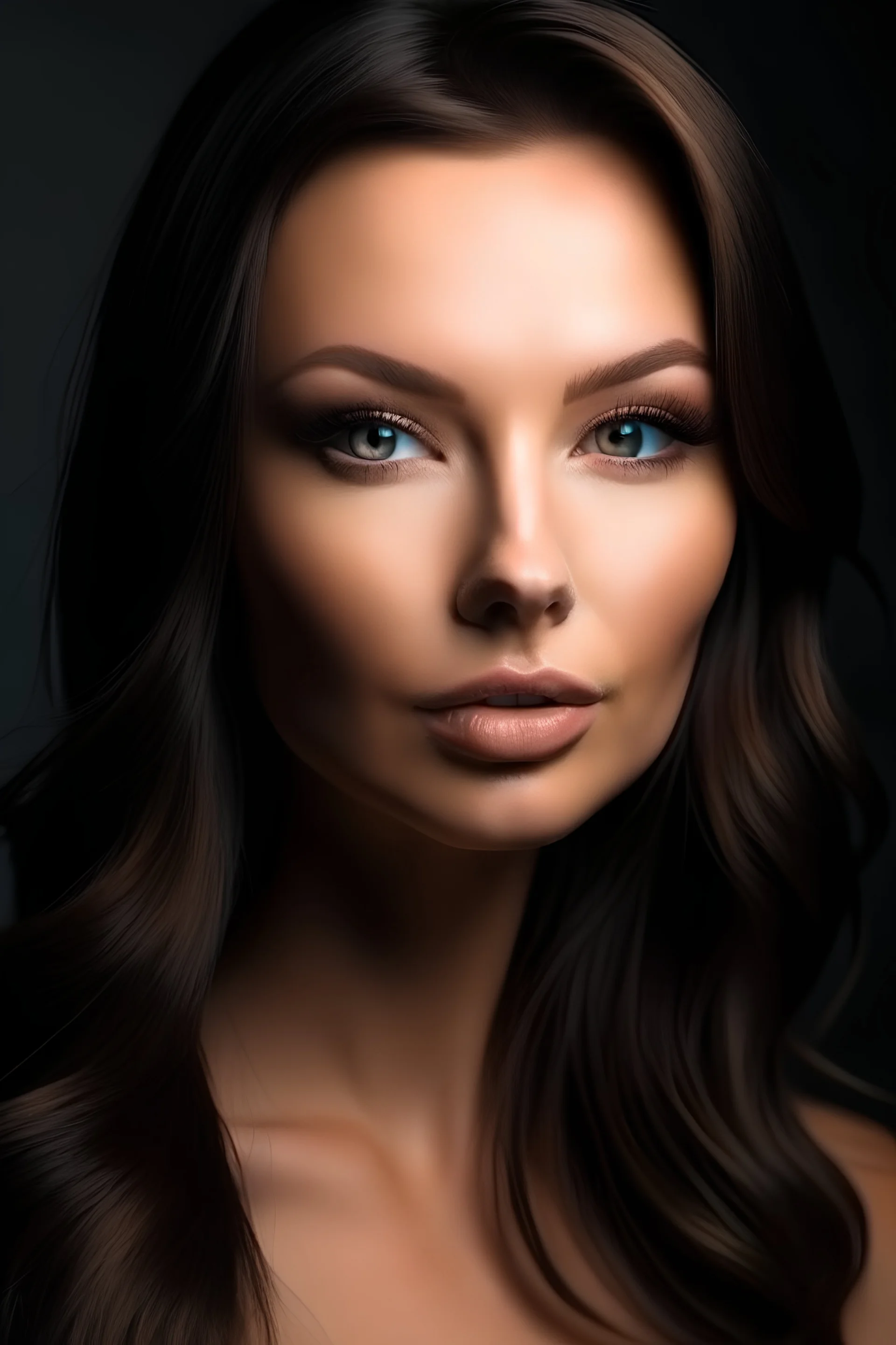 frontal beautiful caucasian woman, face mix from Gabbie Carter, Kira Eggers, Samantha Flair with very soft and smooth edges, young version 25 years, prominent cheekbones, southern exotic dark hair