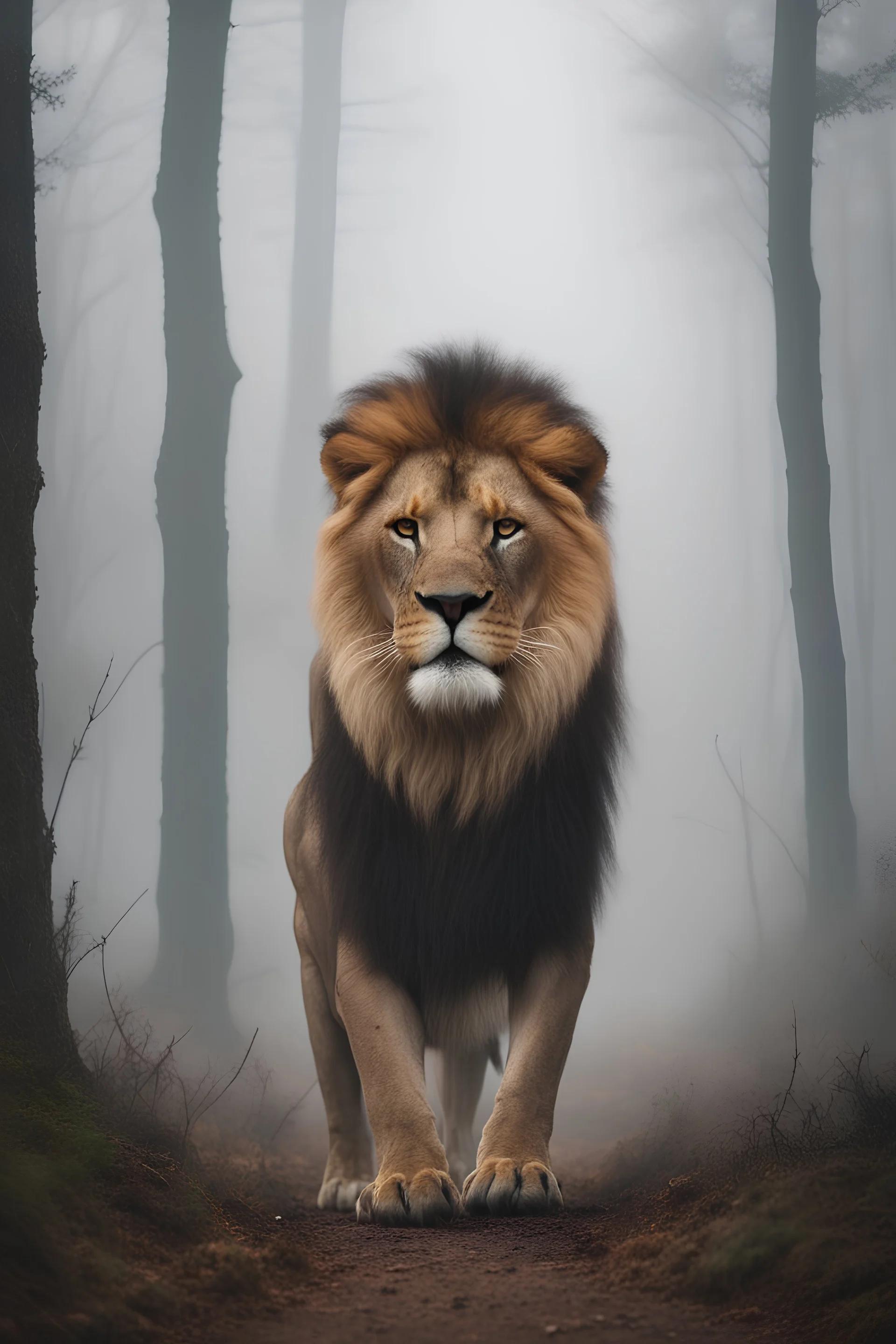 A lion seen from the front in a very foggy and thick very foggy forest