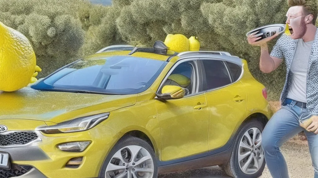 guy arguing on phone next to kia sportage covered with lemons