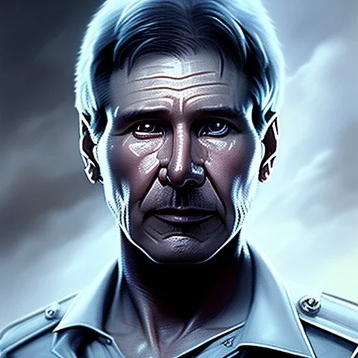 actor harrison ford, pale skin, waist up portrait, intricate, oil on canvas, masterpiece, expert, insanely detailed, 4k resolution, retroanime style, circular reflective eyes, cinematic smooth, intricate detail , soft smooth lighting, soft pastel colors, painted Renaissance style