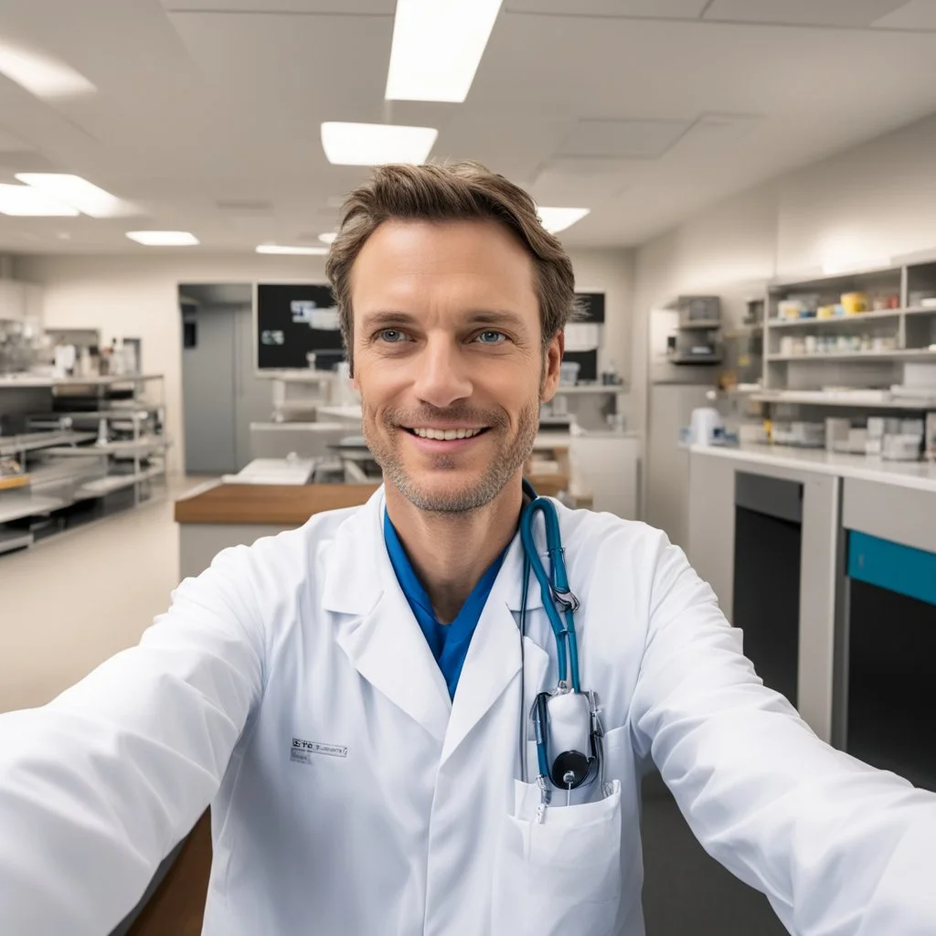 selfie of a white doctor in the break room