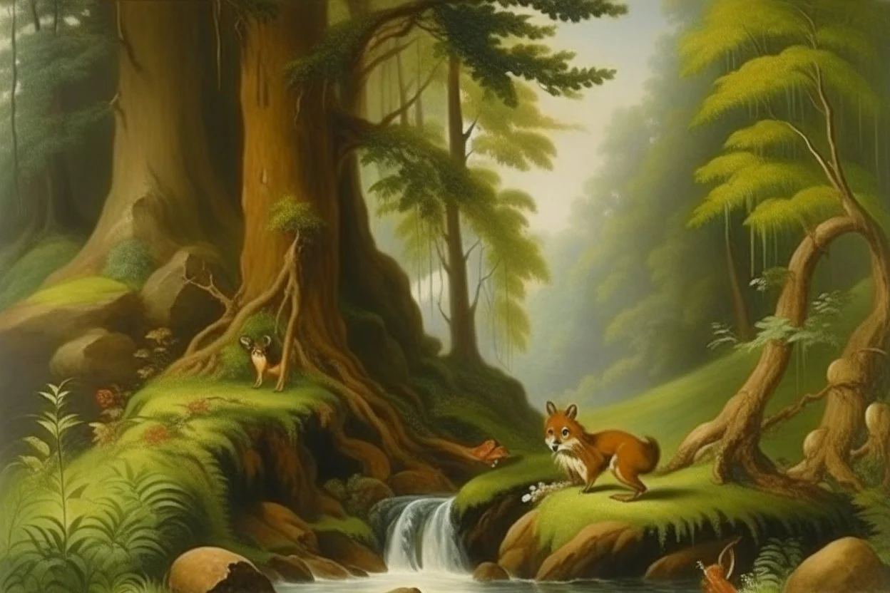 A luscious forest with a waterfall and animals painted by Henri-Robert Bresil