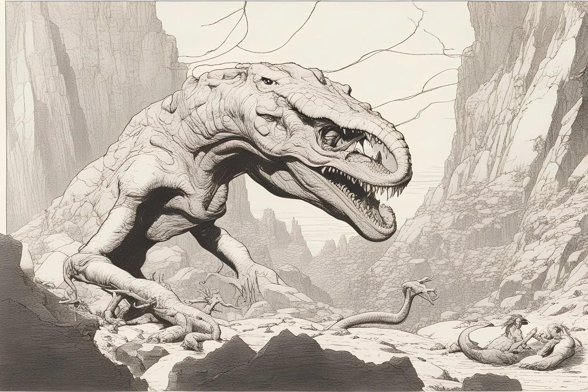Inking art, Jean Giraud Moebius, John Romita, Alex Raymond, John Buscema, An alien beast that looks like a cross between an dinosaur and snake, and a mantis.