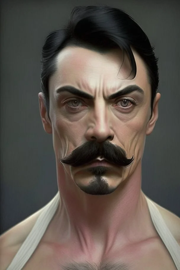 short wirey lean muscular trimmed goatee moustache sterm serious short black hair pale skin