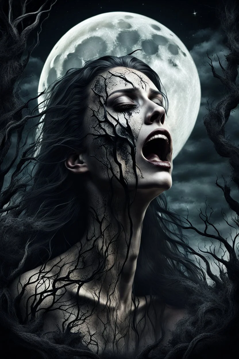 medium close human woman with nature face cry and howling, no makeup, pale face, pain, thriller, alone, dark colors, sharp focus, surreal , the attraction of the moon, faded colors, dark mood, surreal, dramatic atmosphere. intricate, stunning textures, mystic and dark mood