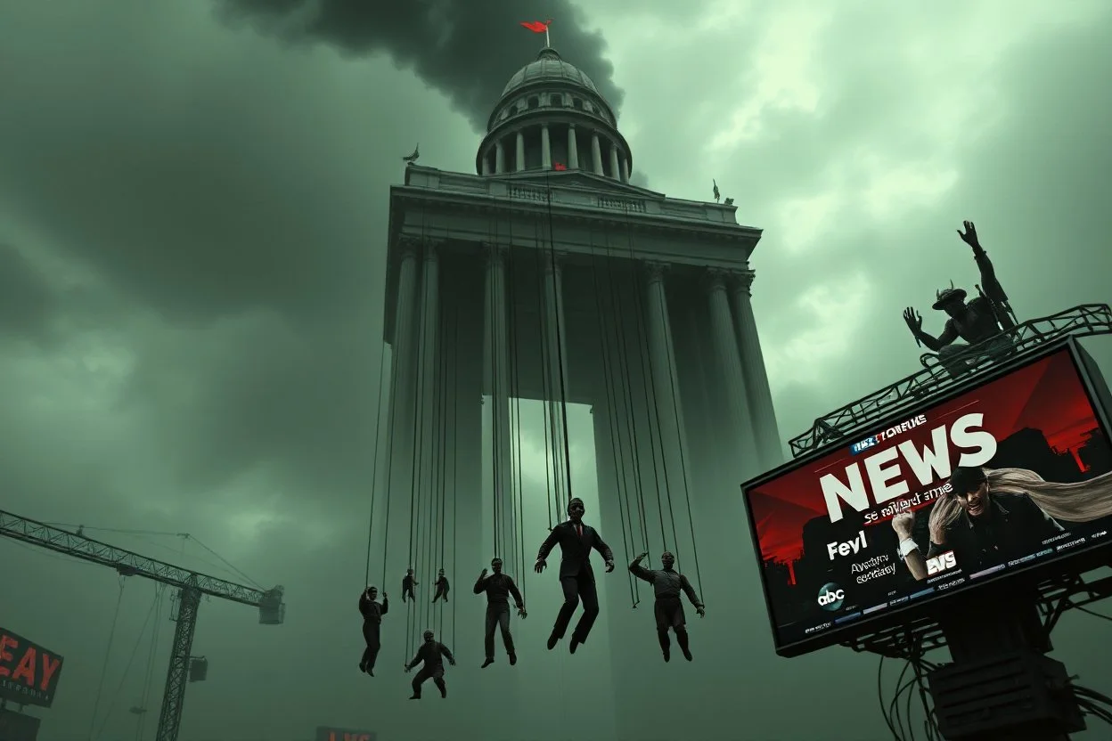 an evil government towers above, dangling marionettes below as the news media broadcasts it all in the background, dystopian, dread, horror
