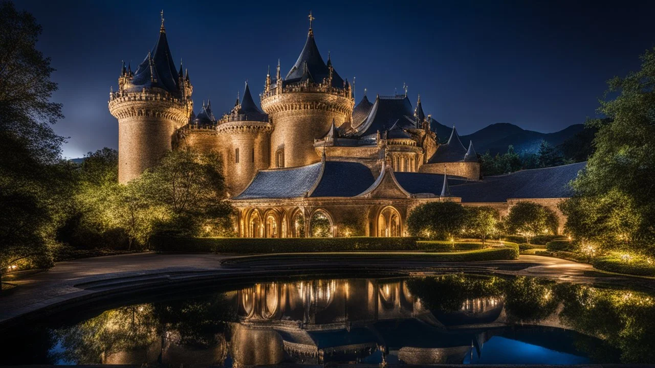 2084, delightful, sensitive, confident, undulating sinusoidal castle with pointed hyperbolic roofs, delicate, night, darkness, water features, exquisite architecture, innovative design, award-winning photograph, beautiful composition, filled with beautiful detail, delicate colour, chiaroscuro