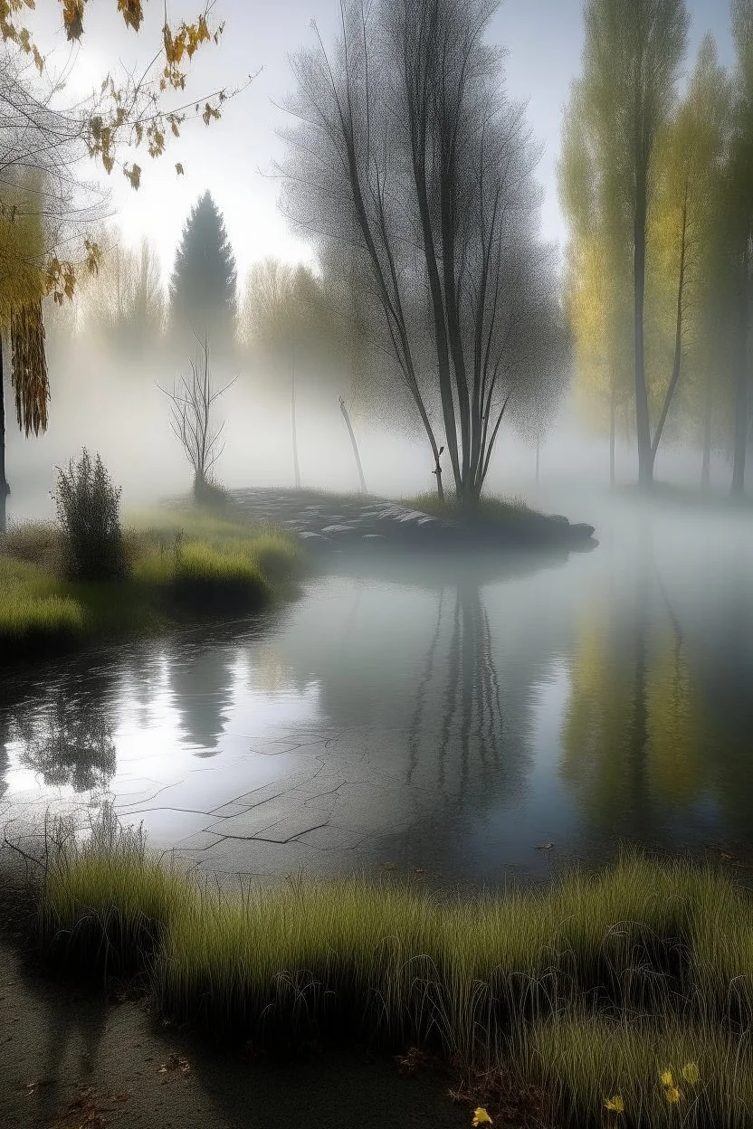 Circle pond, soft fog, with light breaking through, tall white birch trees, and a stone path flanking both sides of the pond going up to a gazebo