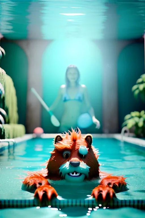 Realistic pool scene. big furry monster into water. Wes Anderson style. Red hair, smile, happy, gradient color fog. highly detailed, concept art, unreal engine 5, ray tracing, RTX, lumen lighting, ultra detail, volumetric lighting, 3d, finely drawn, high definition, high resolution.