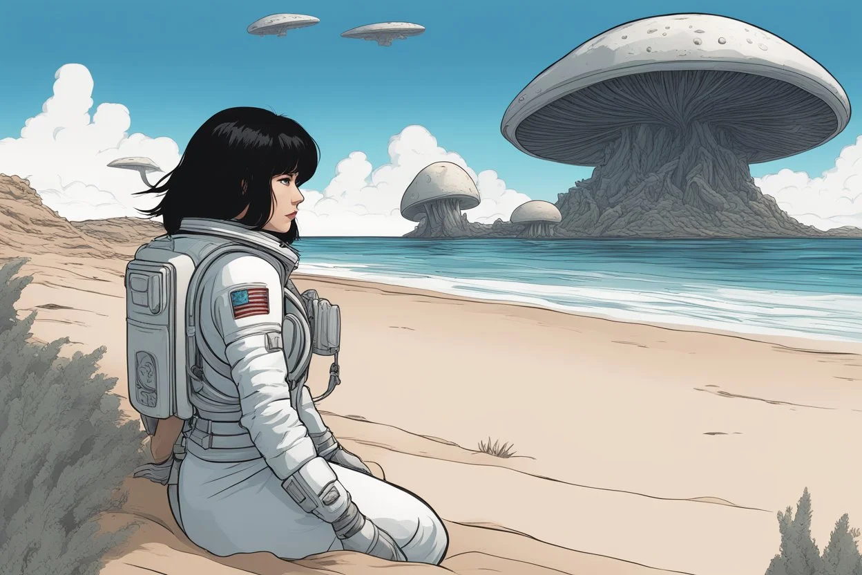 Slim woman with black hair in a space suit, looking out over a sandy beach next to a sea, with flying mushrooms with tentacles.