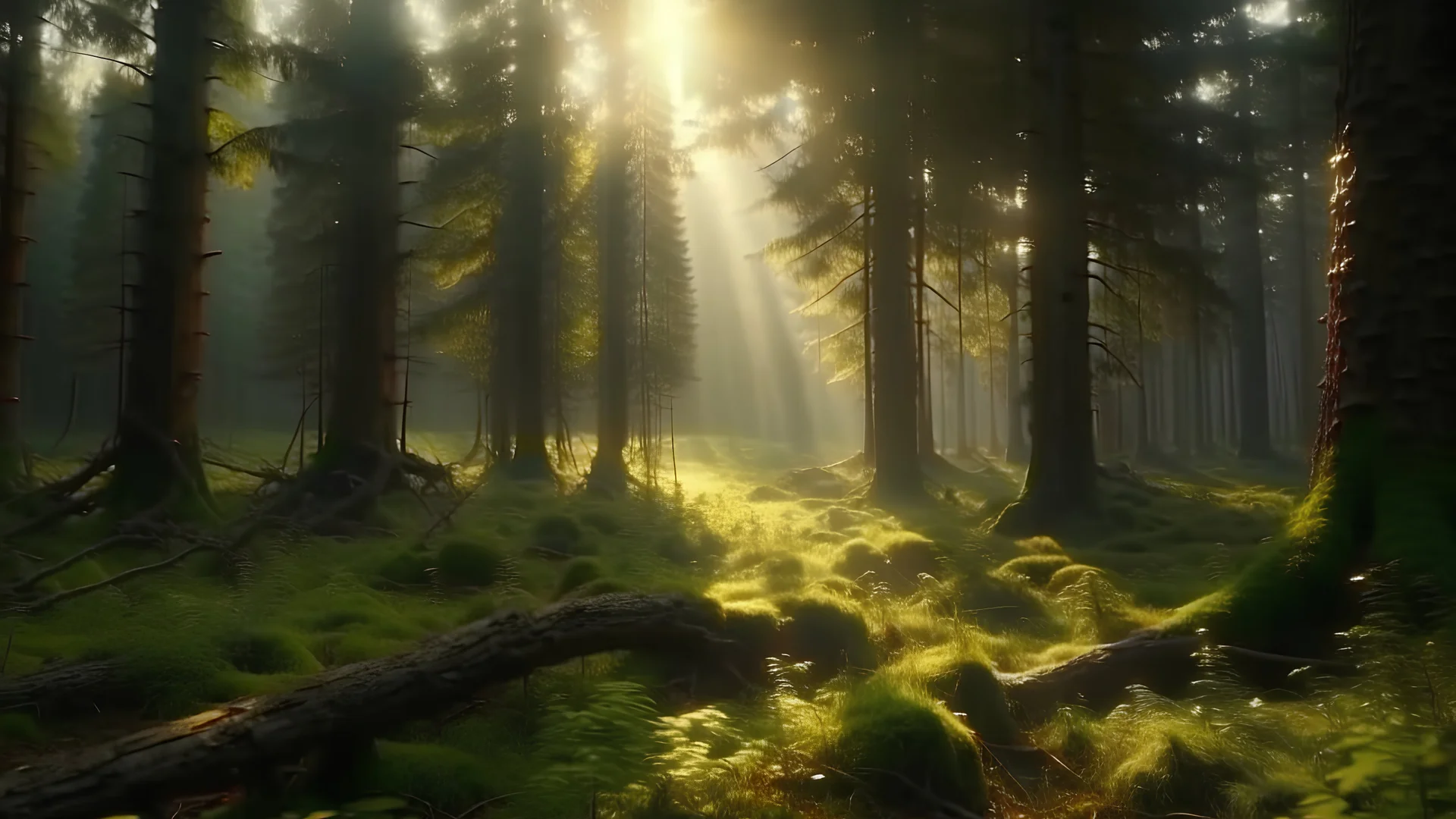highly realistic 4k image of a mystical forest, long shot, POV slightly up, holy light shining through the trees, there is a slight overlay of the same image on top of it so the image seems fuzzy dream-like trippy, detailed, mossy, cinematic sunse