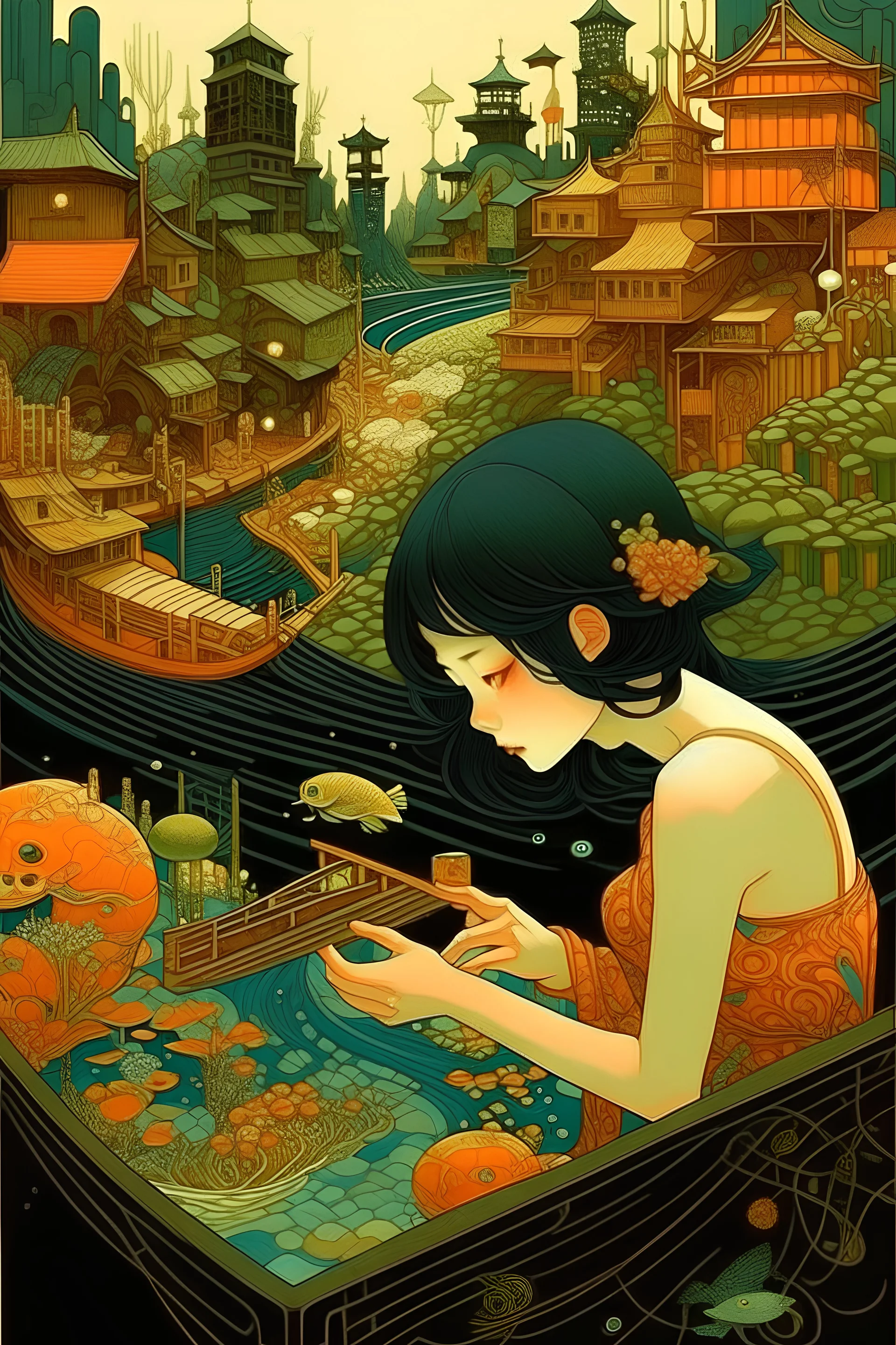 Victo Ngai, Pavel Tchelitchew, Surreal, mysterious, strange, fantastical, fantasy, Sci-fi, Japanese anime, neo-metabolism architecture, future history, creating machine, tapestry making beauty girl, hyper detailed masterpiece depth of field, cinematic lighting