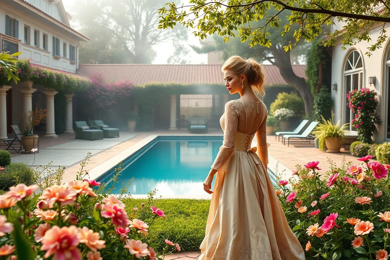 a luxury villa yard with pool in center and pretty plants trees flowers, morning mist, lost paradise atmosphere,a pretty model lady in victorian clothing walking from willa to pool side in flowers to camera that capture closeup full body shot of her majesty.