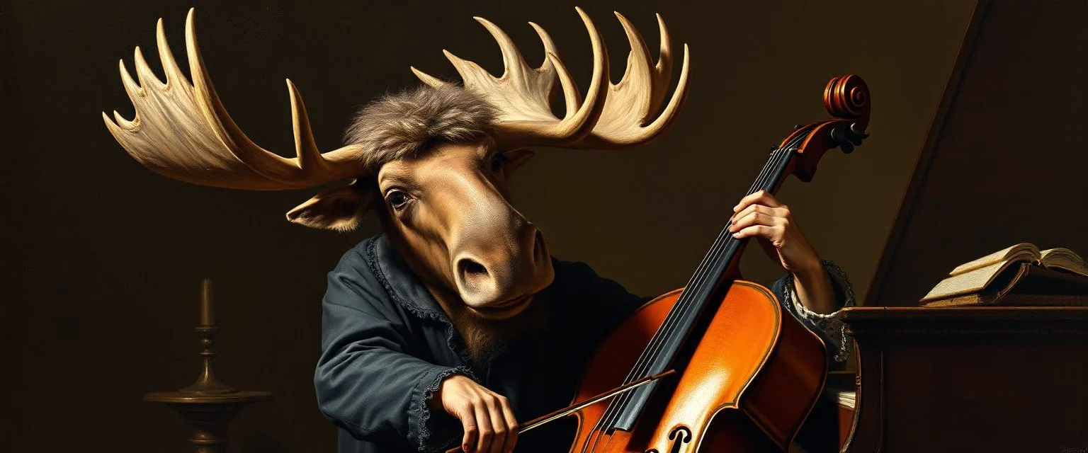 master oil painting by Rembrandt, mozart moose with a wig, playing big big cello piano