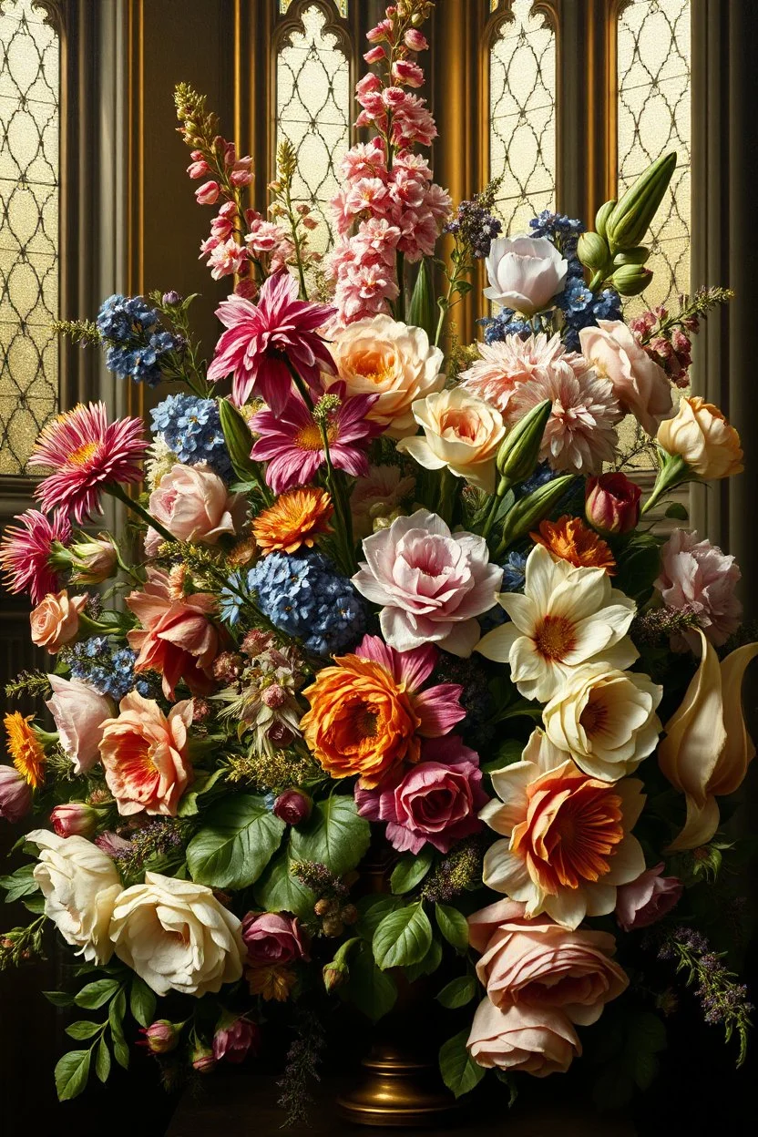 A sumptuous floral arrangement of the 1580s Dutch style, masterfully captured in an oil painting by a renowned artist of the medieval period. Opulent and refined, this stunning work of art features intricate details illuminated by the gentle rays of daylight streaming through stained interior walls. The flowers bloom with vivid colors, intricate textures, and a sense of timeless elegance, drawing viewers into a world of beauty and sophistication.