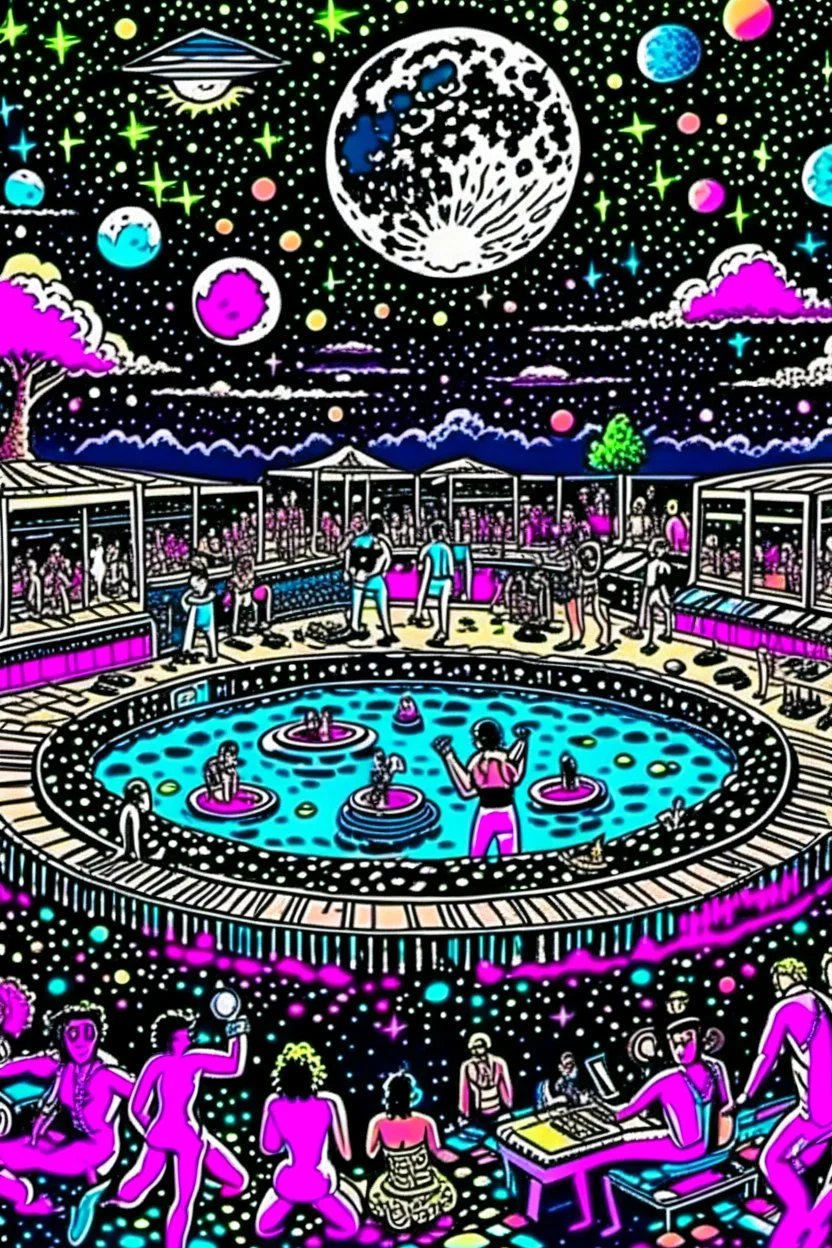 techno rave party in 80's with dj and swimming pool on the moon full