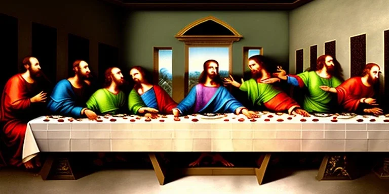 the last supper.. jesus is wearing a wizard hat. photo real