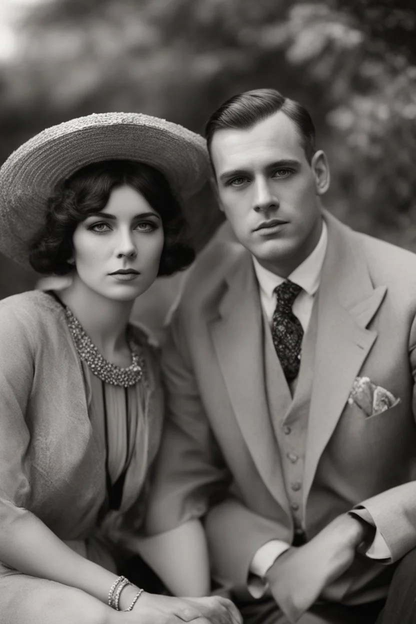 Up close Black and white photo of a serious couple sitting for portrait shoot in the 1920s