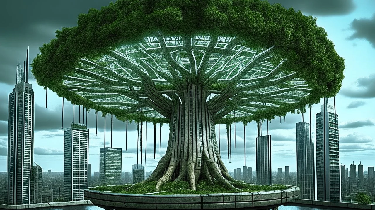 the last tree, city of the future year 4222, portal to space, very realistic,