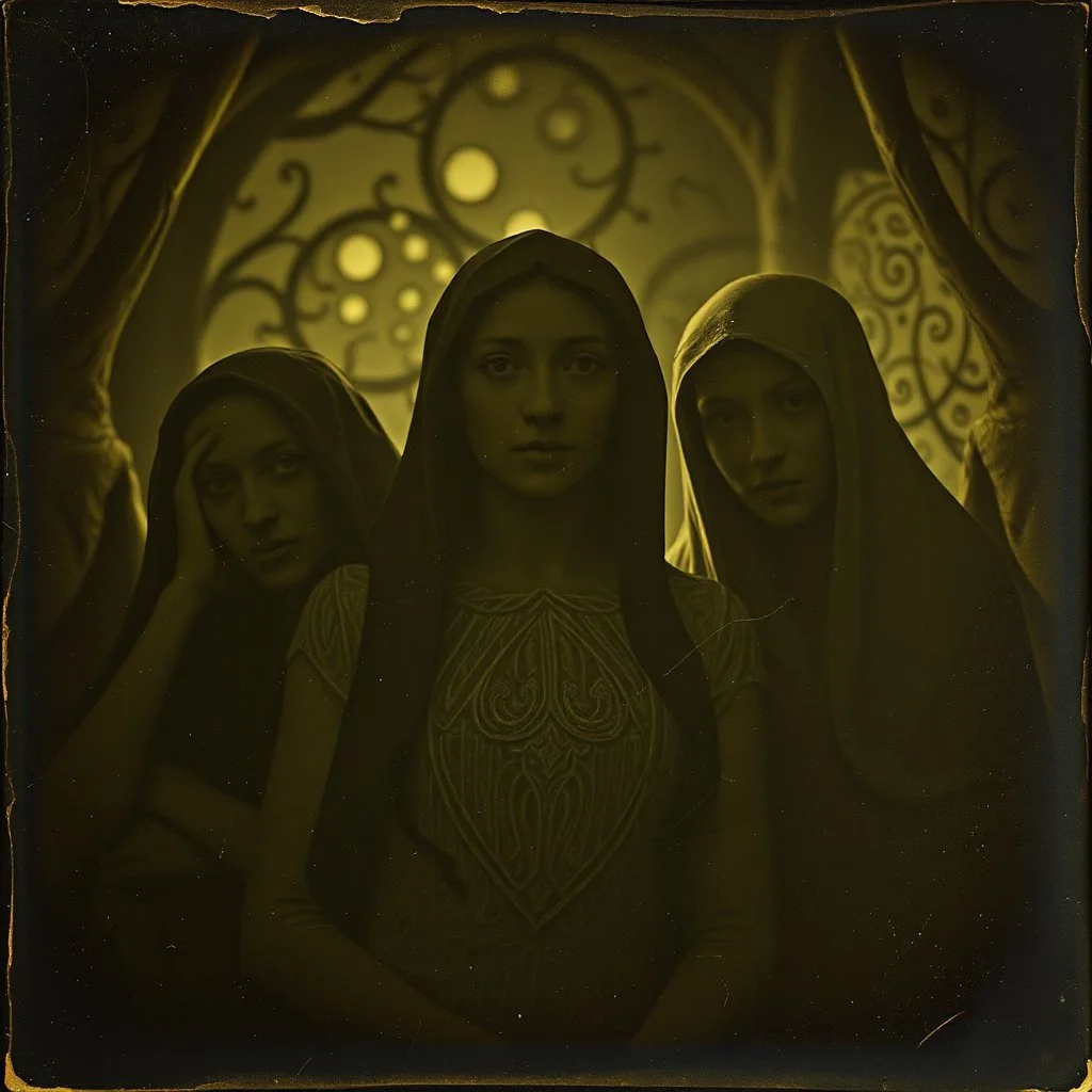 Daguerrotype close up some mysterious figures, odd background, Hieronymus Bosch Max Ernst ambient light, by Minicavio Quollati and Marlost Endgulp, Amano, Botticelli, Alphonse Mucha