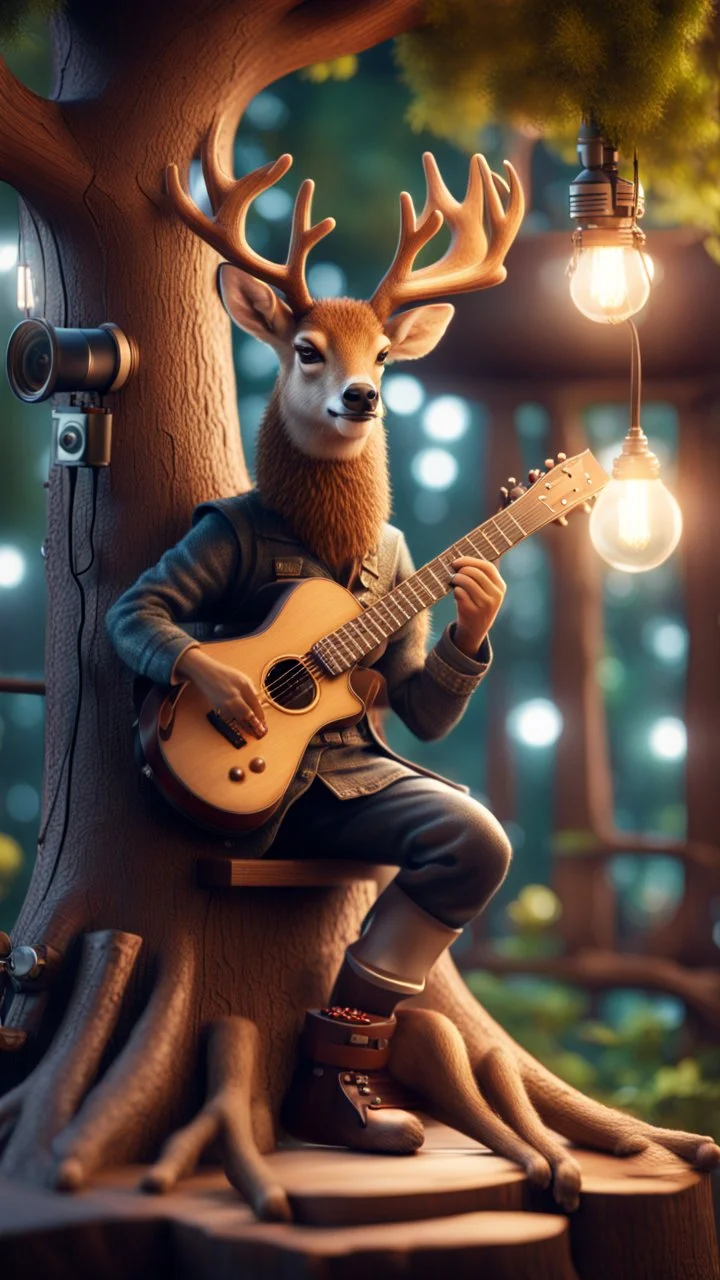 portrait of hairy rock guitar ninja deer living inside a tree house in a hollow huge tree growing light bulbs, singing into ornate studio mic,bokeh like f/0.8, tilt-shift lens 8k, high detail, smooth render, down-light, unreal engine, prize winning