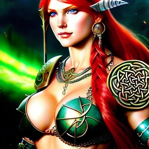 portrait 'beautiful Sexy Busty RedSonja',braided long hair,horned helmet, celtic tattoed,crystal clear green eyes,painting by gaston bussiere, greg rutkowski, yoji shinkawa, yoshitaka amano, tsutomu nihei, donato giancola, tim hildebrandt, oil on canvas, cinematic composition, extreme detail,fit full head inside picture,32k