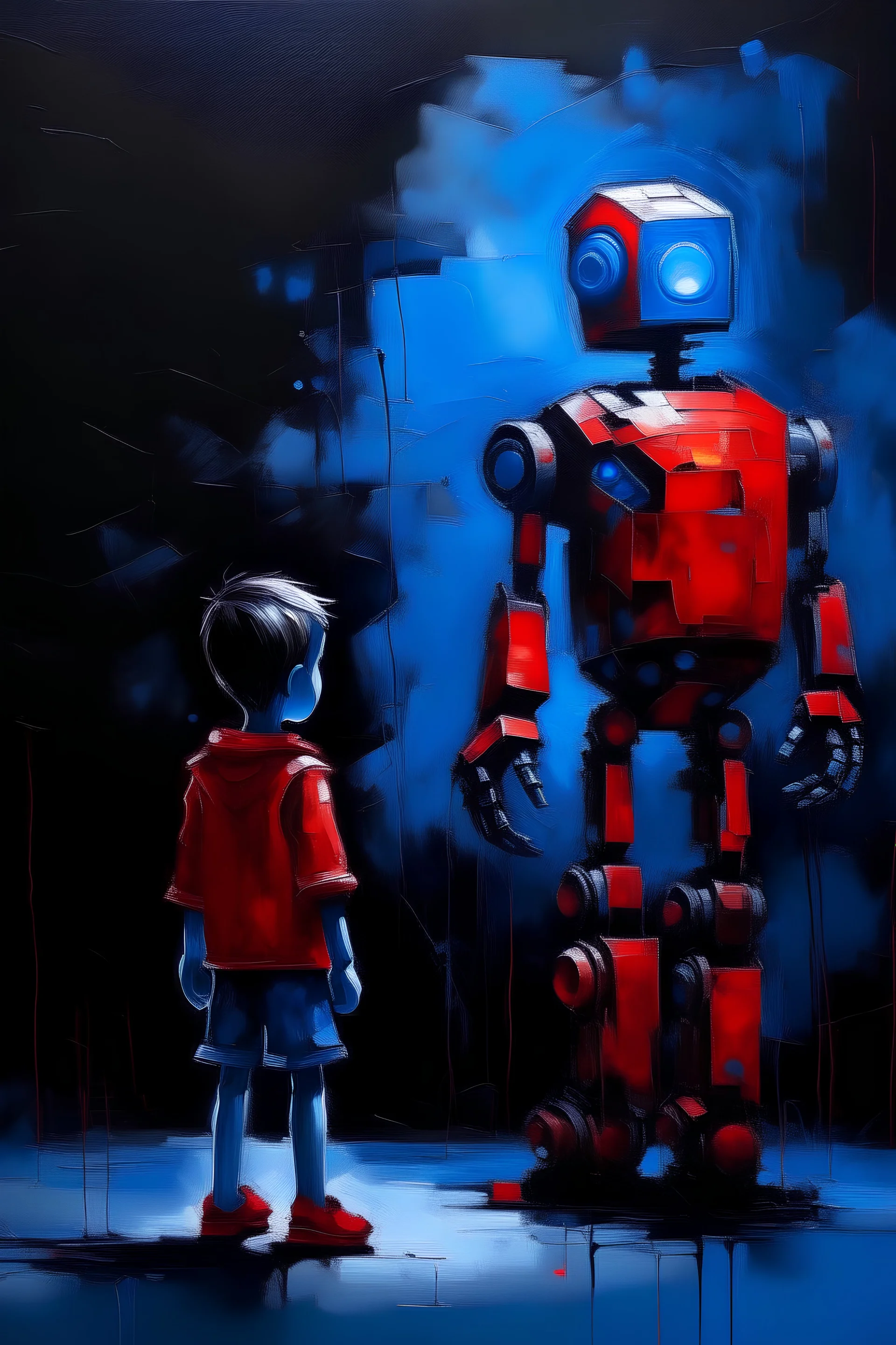 painting a red and blue abstract boy & robot painted in oil on a textured canvas, set against a stark black background, striking contrast, fluidity and grace of the traditional figure --ar 3:4 --style raw