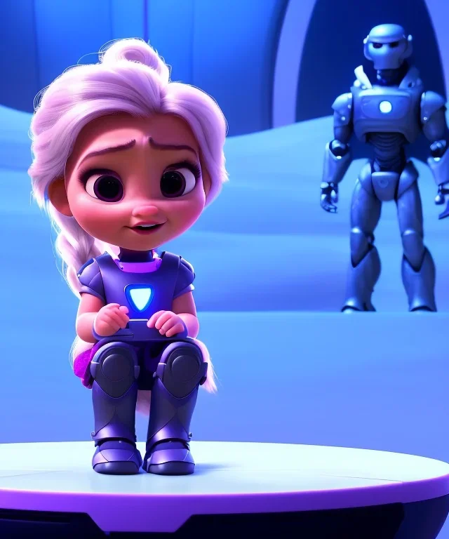 little girl sitting inside a big robot suit, white and purple