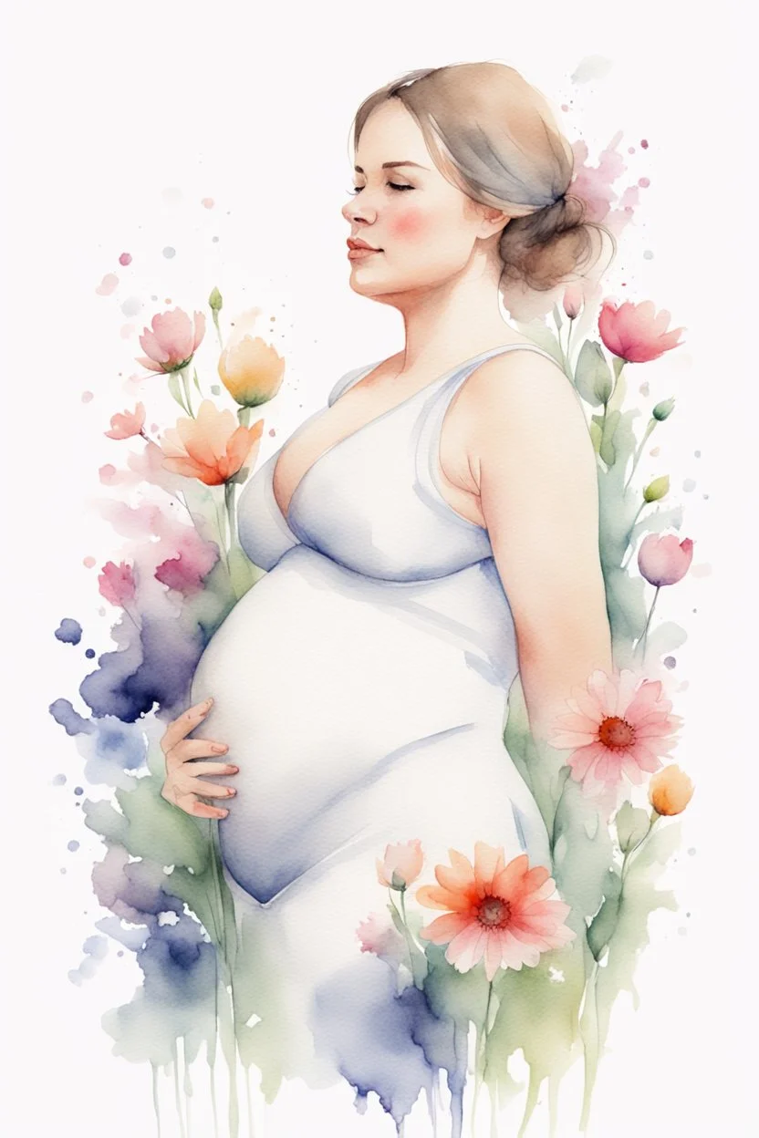 white background, portrait, watercolor, fine drawing, Pregnancy, flowers