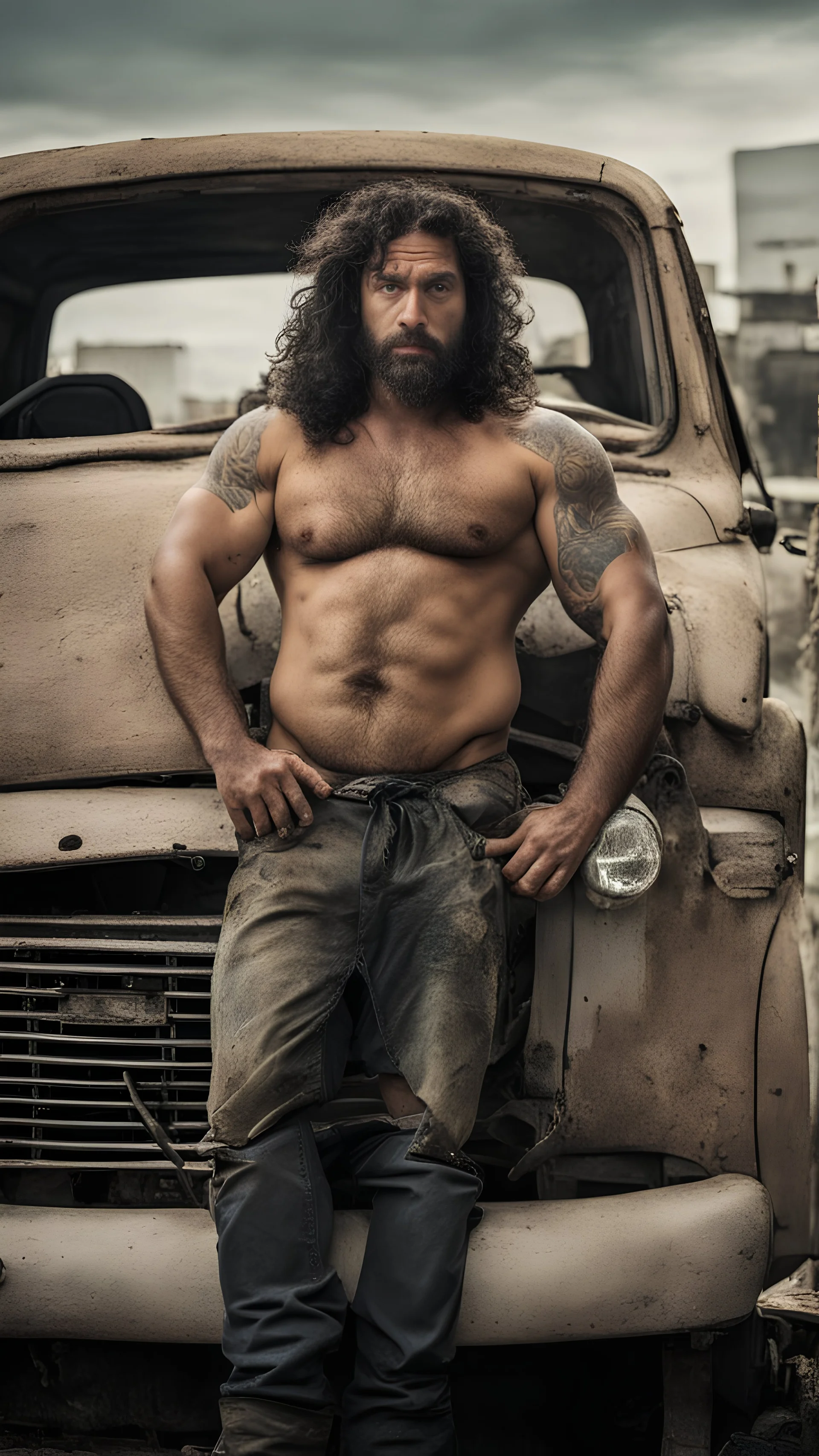 photography of a dirty burly beefy gipsy manly man serious repairing a car, , 36 years old, beefy, ugly , dirty curly hair, sweat, tattoo, with completely broken cotton pants, bulge, beard , angry eyes, bare-chested, huge belly, in industrial area, photorealistic, side light, view angle from low , ambient occlusion