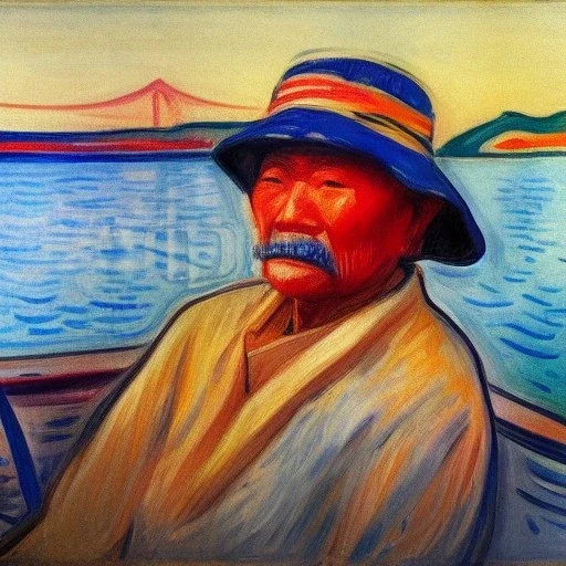 Portrait of OLd Japanese Fishermen on boat wearing bucket hat by edvard munch 8k